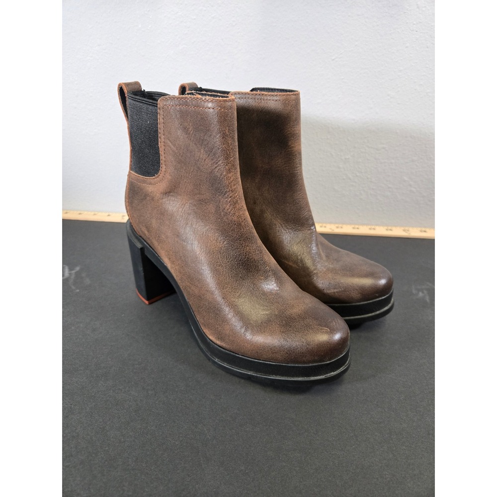 Sorel Phoenix Leather Platform Block Heel Chelsea Ankle Boots Brown Size 10